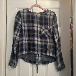 Anthropologie taupe and blue tie back plaid long sleeve blouse XS cloth & stone
